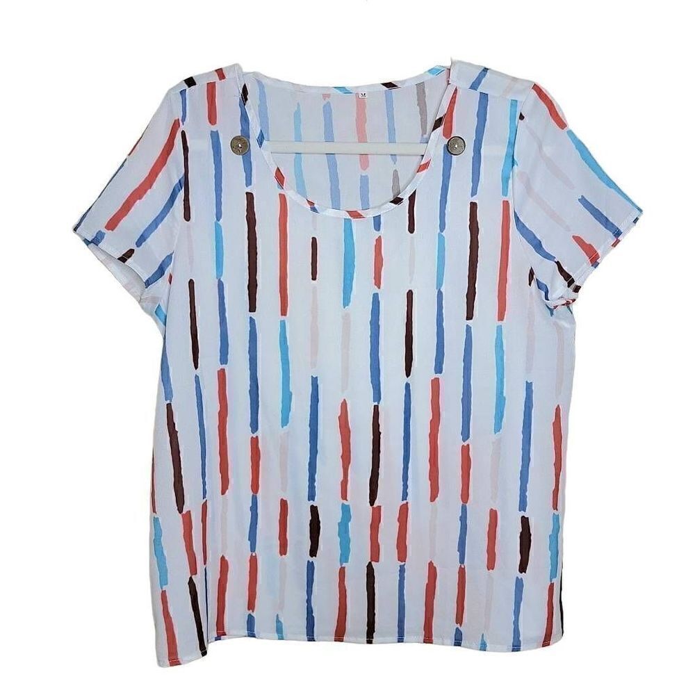 Short Sleeve Multicolor Vertical Stripe Watercolor Blouse